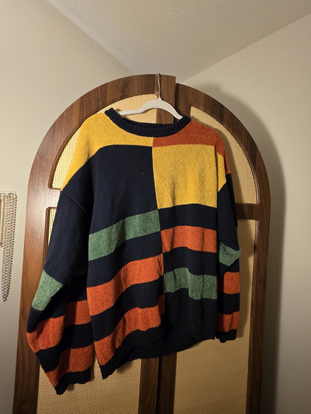 Colorblock Striped Crewneck Sweater - Navy, Yellow, Orange, Green